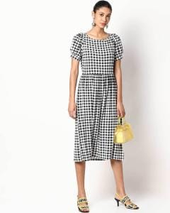 Checked Fit & Flare Dress with Cutout