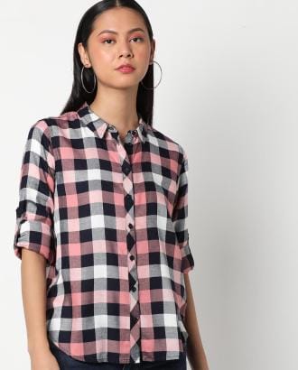 Checked Shirt with Roll-Tab Sleeve Tabs