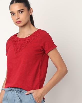 Crew-Neck T-shirt with Lace Inserts