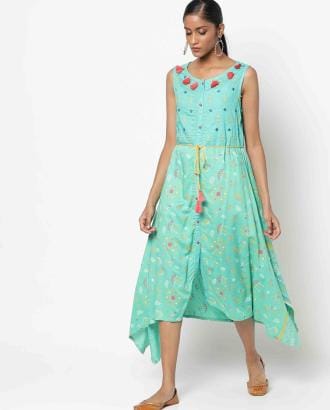 Embroidered A-line Dress with Tie-Up
