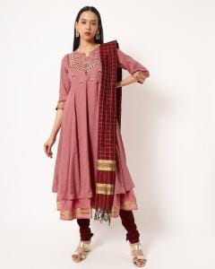 Embroidered Flared Kurta with Churidar & Dupatta