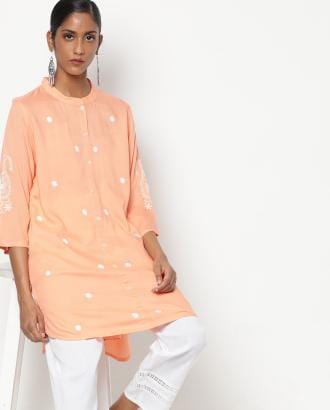Embroidered Straight Kurta with Band Collar