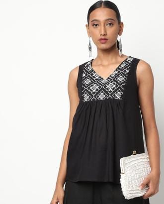 Flared Top with Embroidered Yoke