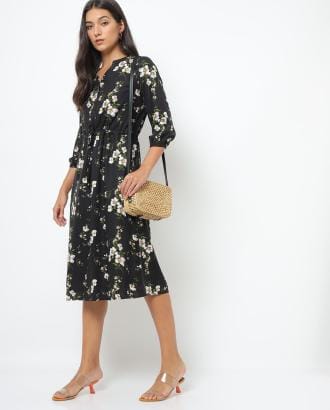 Floral Print A-line Dress with Drawstring Waist