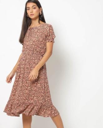 Floral Print A-line Dress with Puff Sleeves