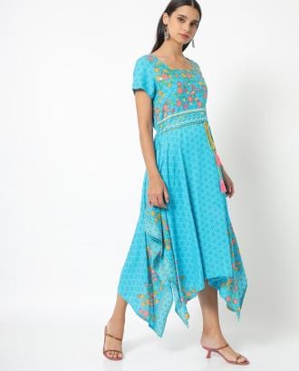 Floral Print A-line Dress with Tasselled Tie-Up