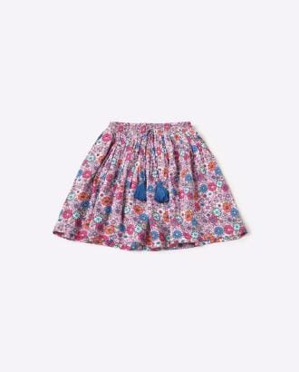 Floral Print Flared Skirt with Tasseled Drawcord
