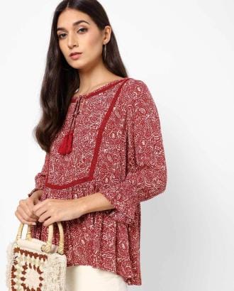 Floral Print Flared Top with Tasselled Tie-Up