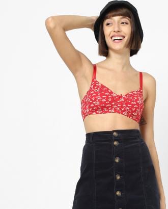 Floral Print Non-Padded Bra with Lace Trims