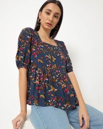 Floral Print Peplum Top with Balloon Sleeves
