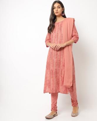 Floral Print Straight Kurta with Churidar & Dupatta