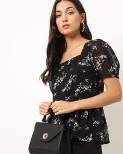 Floral Print Top with Puff Sleeves