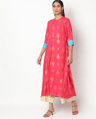 Foil Print A-line Kurta with Insert Pocket