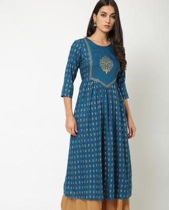 Foil Print Flared Kurta with Sequin Accent