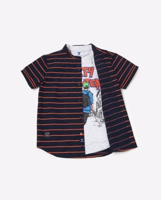 Graphic Print Crew-Neck T-shirt with Striped Shirt