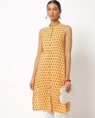 Ikat Print Straight Kurta with Mandarin Collar