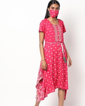Printed A-line Dress with Tasseled Tie-Up