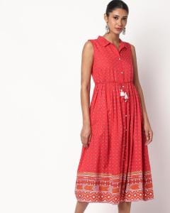 Printed A-line Dress with Tasselled Tie-Up