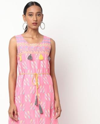 Printed A-line Dress with Tie-Up