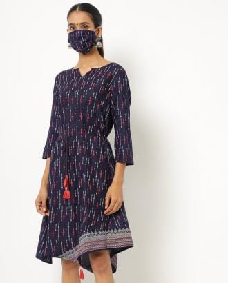 Printed A-line Tunic with Tie-Up & Mask