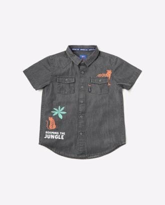 Printed Denim Shirt with Buttoned Flap Pockets