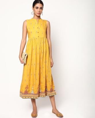 Printed Fit & Flare Dress with Band Collar