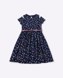 Printed Flared Cold-Shoulder Dress with Belt