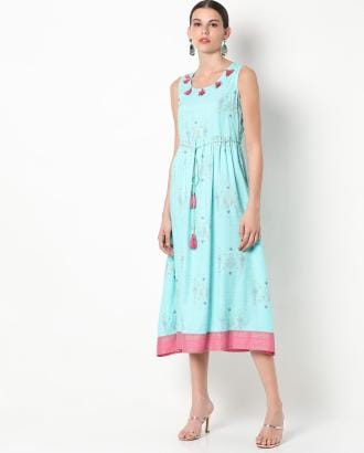 Printed Flared Dress with Tie-Up