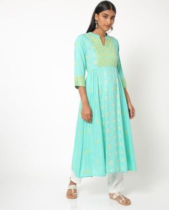 Printed Flared Kurta with Mandarin Collar