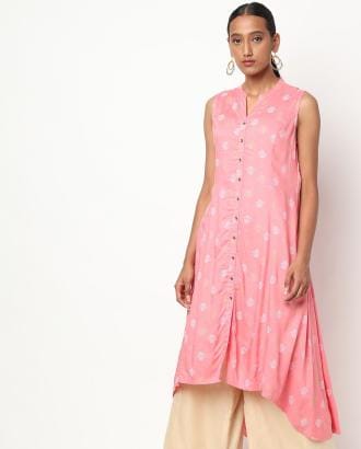 Printed High-Low A-line Kurta with Mandarin Collar