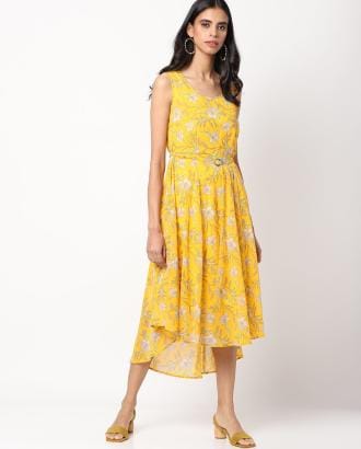 Printed Sleeveless A-line Dress with Fabric Belt
