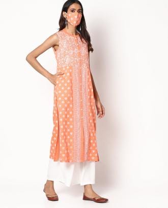 Printed Sleeveless Straight Kurta with Mask