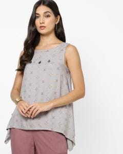 Printed Sleeveless Top with Dipped Hem