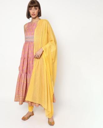 Printed Tiered Kurta with Churidar & Dupatta