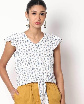 Printed Top with Neck Tie-Up