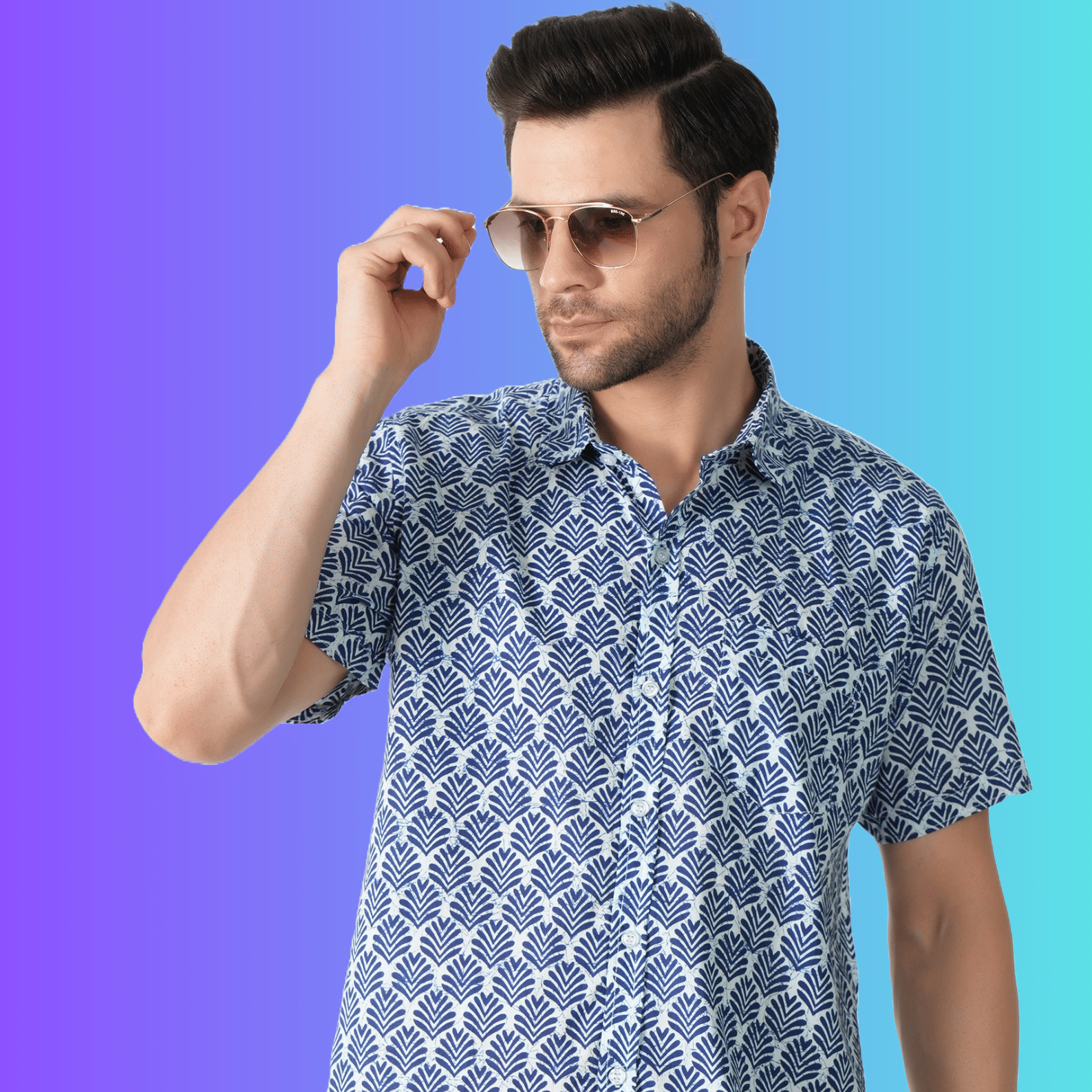 Printed Sanganeri half sleeve shirt blue flower