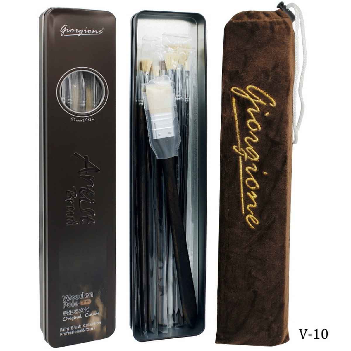 Artist Brush Wooden Pole 10pcs Set With Box V-10