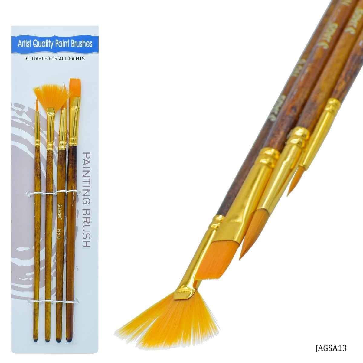 Painting Brush Set Of 4Pcs, Two Round Brush Size: 4, 8,One Fan Brush Size: 6, One Flat Brush Size: 10, JAGSA13