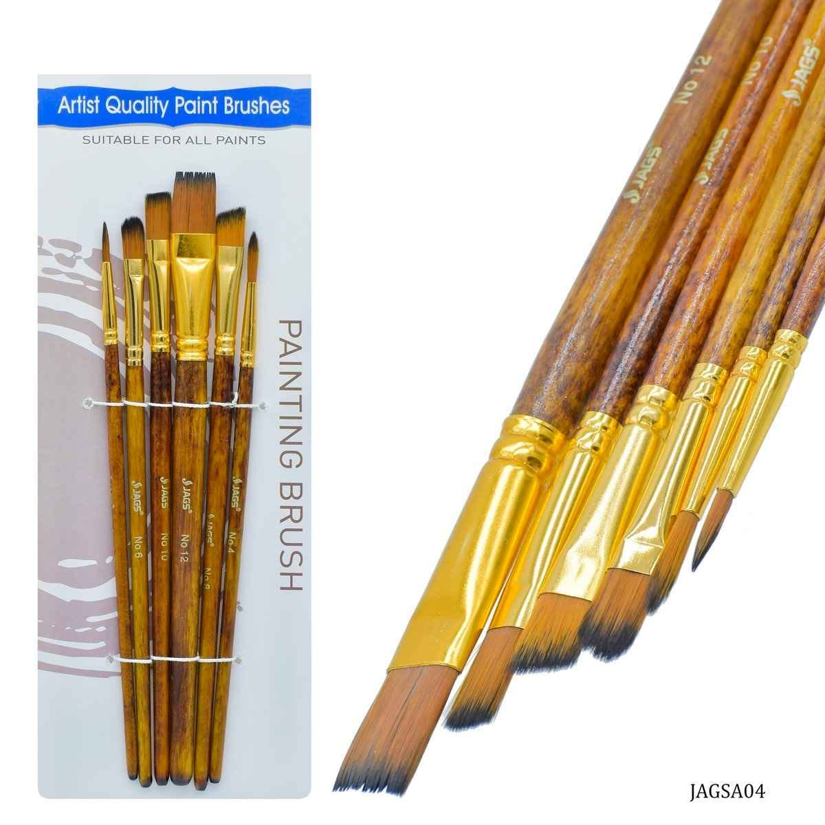 Painting Brush Set Of 6Pcs Two Round Brush Size: 2,4. Three Flat Brush Size: 6,10,12. One Angular Brush Size: 8, JAGSA04