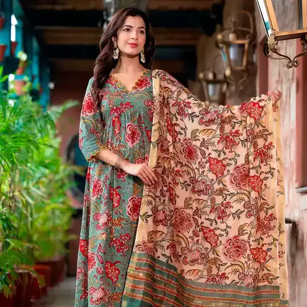 Nasreen Green Floral block print Embroidery Suit set