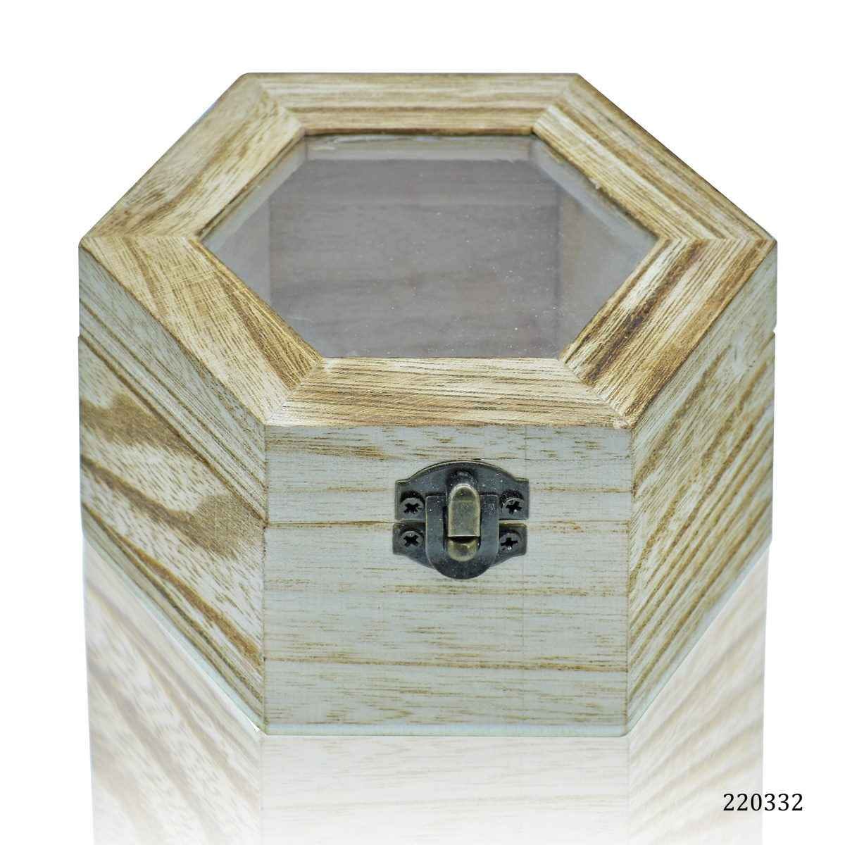 MDF Decoupage Hexagon Wooden Box Top Window Antique Finish 220332