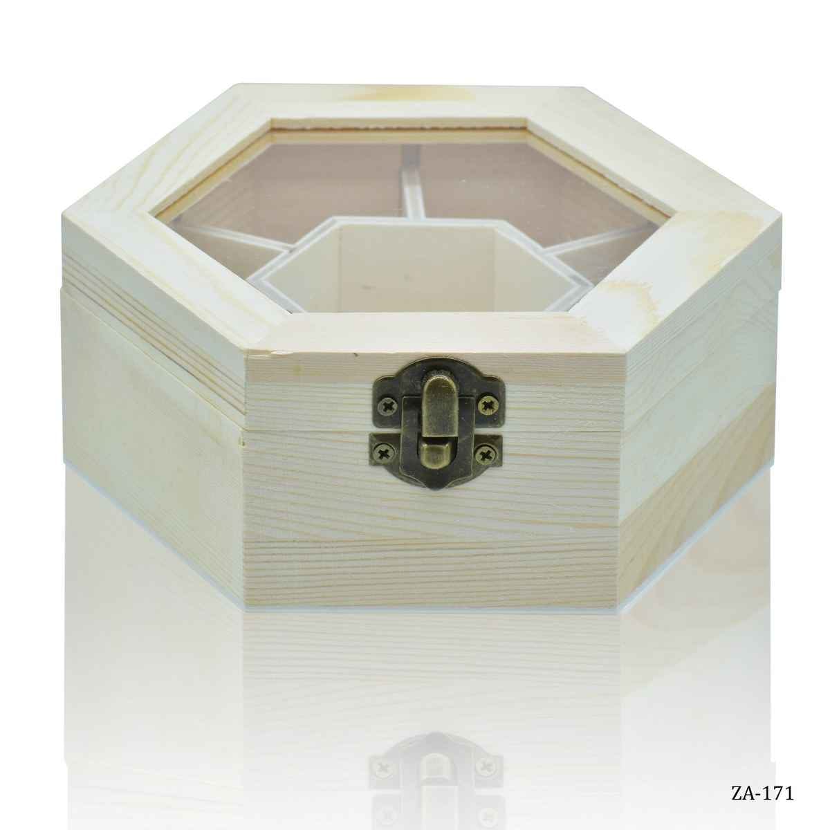 MDF Decoupage Wooden Hexagon Small Box Window with 8 Compartments & Lock ZA-171