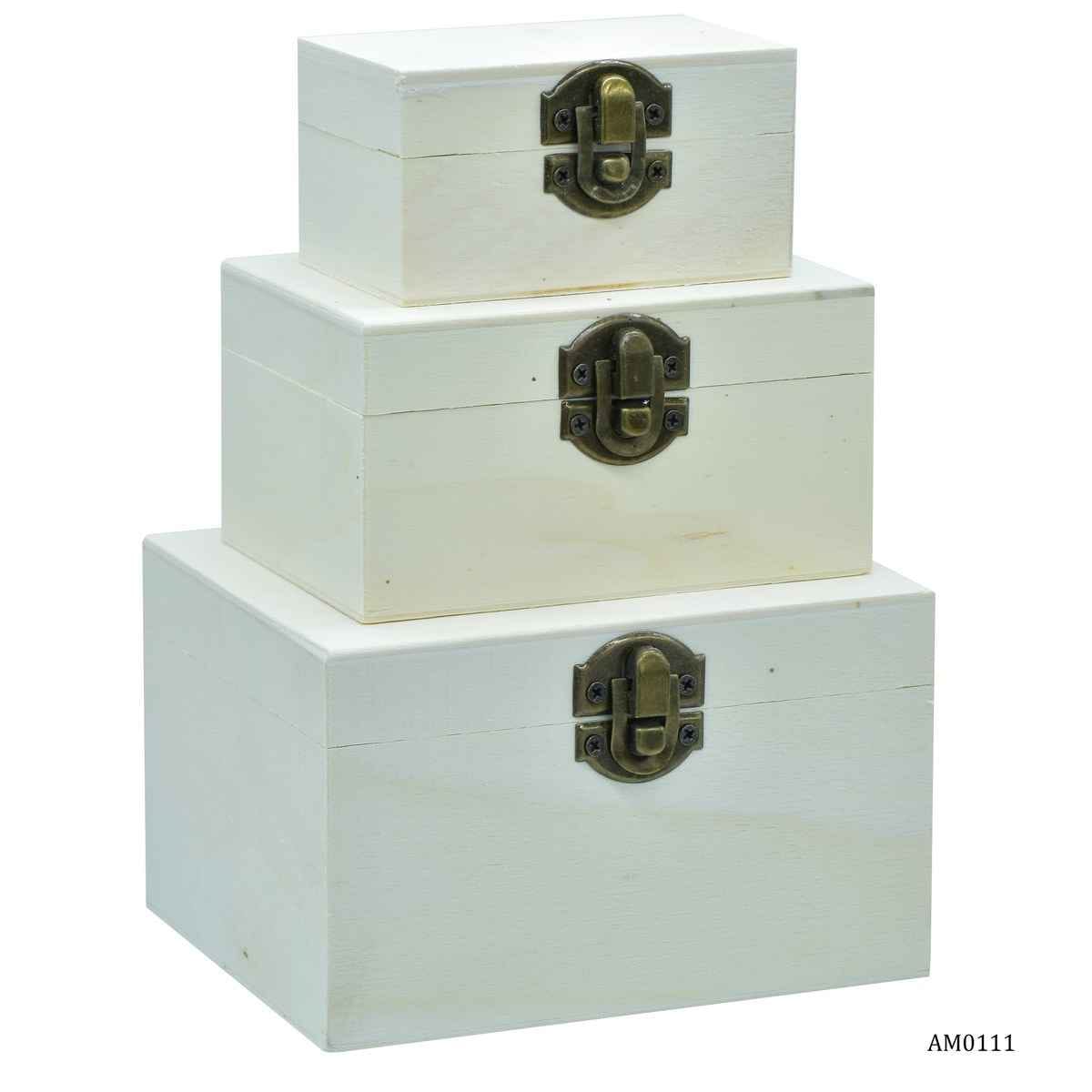 MDF Decoupage Wooden White Square Small Box Set Of 3 Pcs Small AM0111
