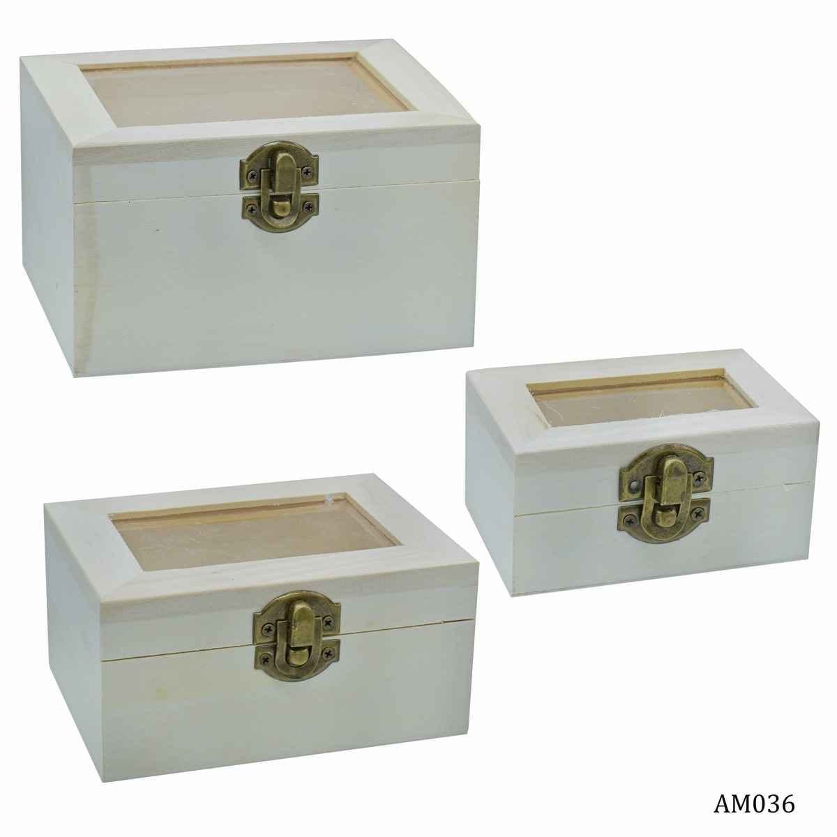 MDF Decoupage Wooden White Top Window Box Set Of 3 Pcs with Lock AM036