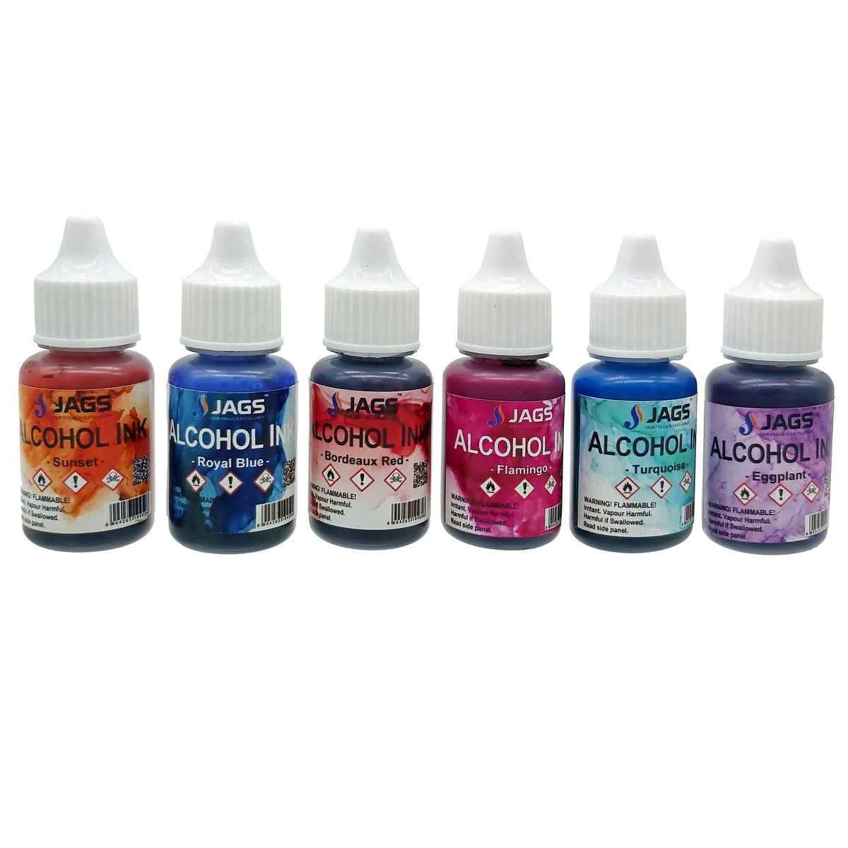 Alcohol Ink 10ML Each Mini Pack 2 - Set of 6 AIMP02, Pack of Royal Blue, Sunset, Bordeaux Red, Flamingo, Turquoise, and Eggplant colours.