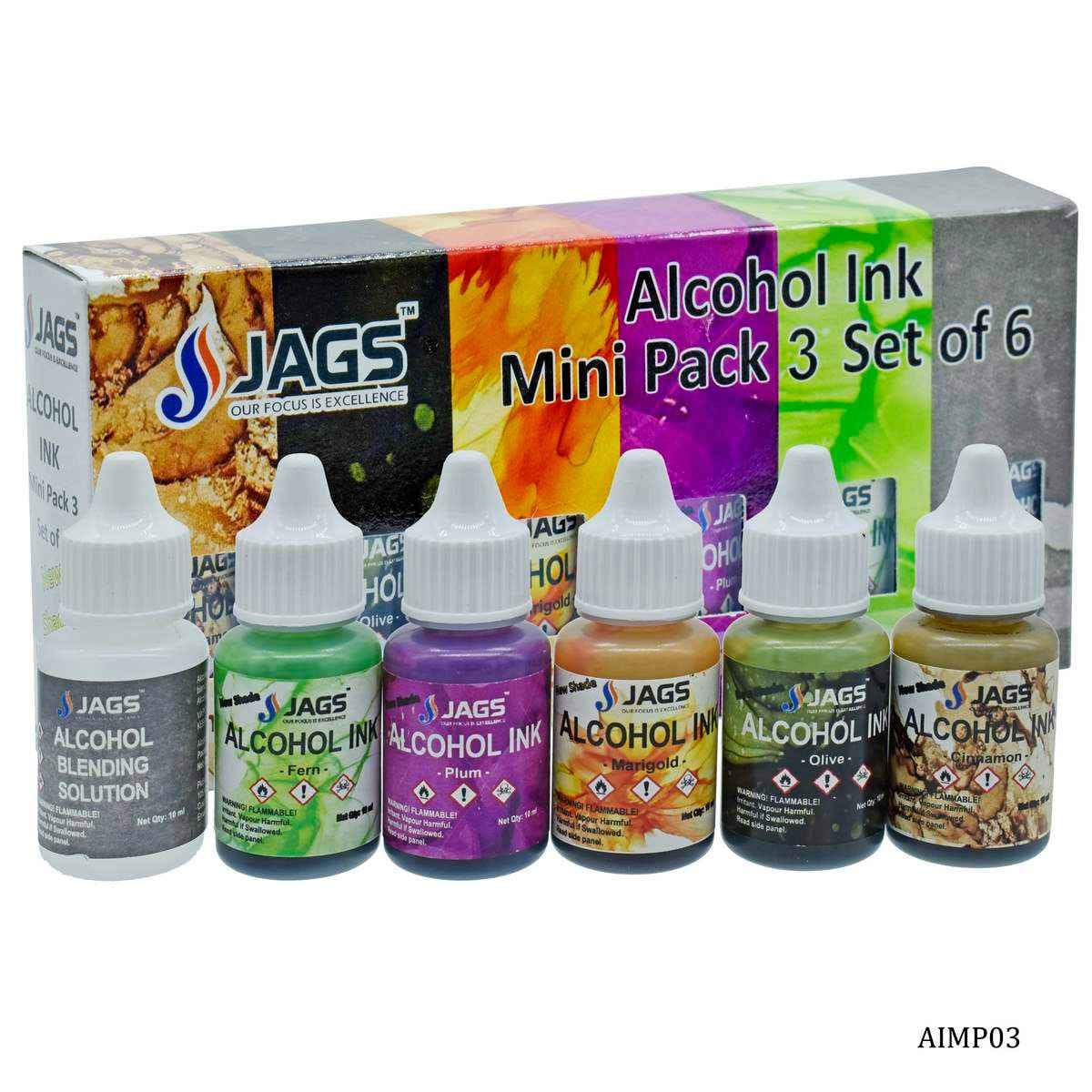 Alcohol Ink 10ML Each Mini Pack 3 - Set of 6 AIMP03, Pack of Cinnamon, Olive, Marigold, Plum, Fern, and Alcohol blending solution.