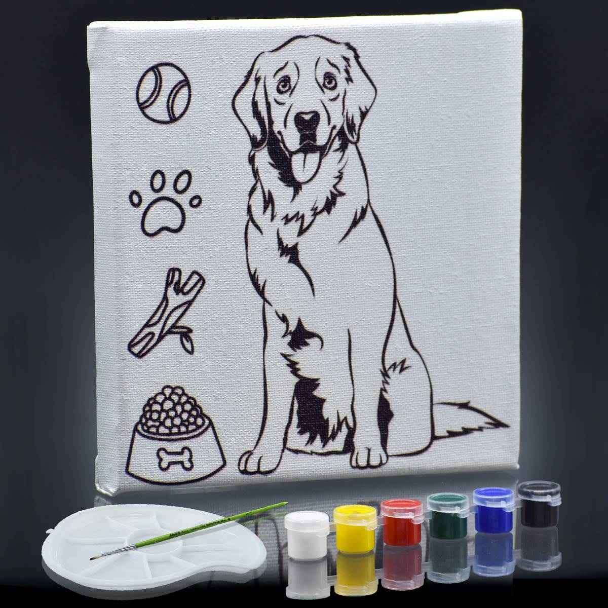 Canvas Stretched With Print outline with 6 Tempera Paints, 1 Pallet and 1 Brush,6x6Inch Big Dog SCWP66-11