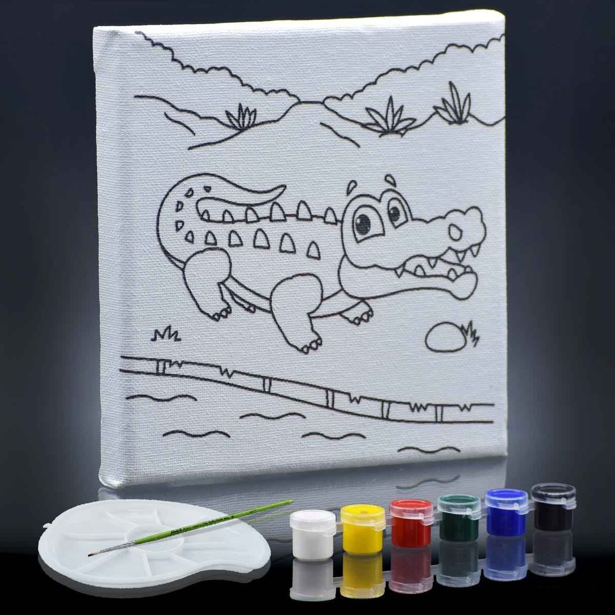 Canvas Stretched With Print Outline with 6 Tempera paints, 1 Pallet, and 1 Brush, 6x6I nch Crocodile SCWP66-8