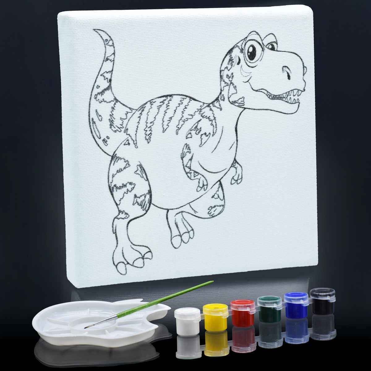 Canvas Stretched With Print Outline with 6 Tempera paints, 1 Pallet, and 1 Brush 6x6 Inch Dinosaur SCWP66-21
