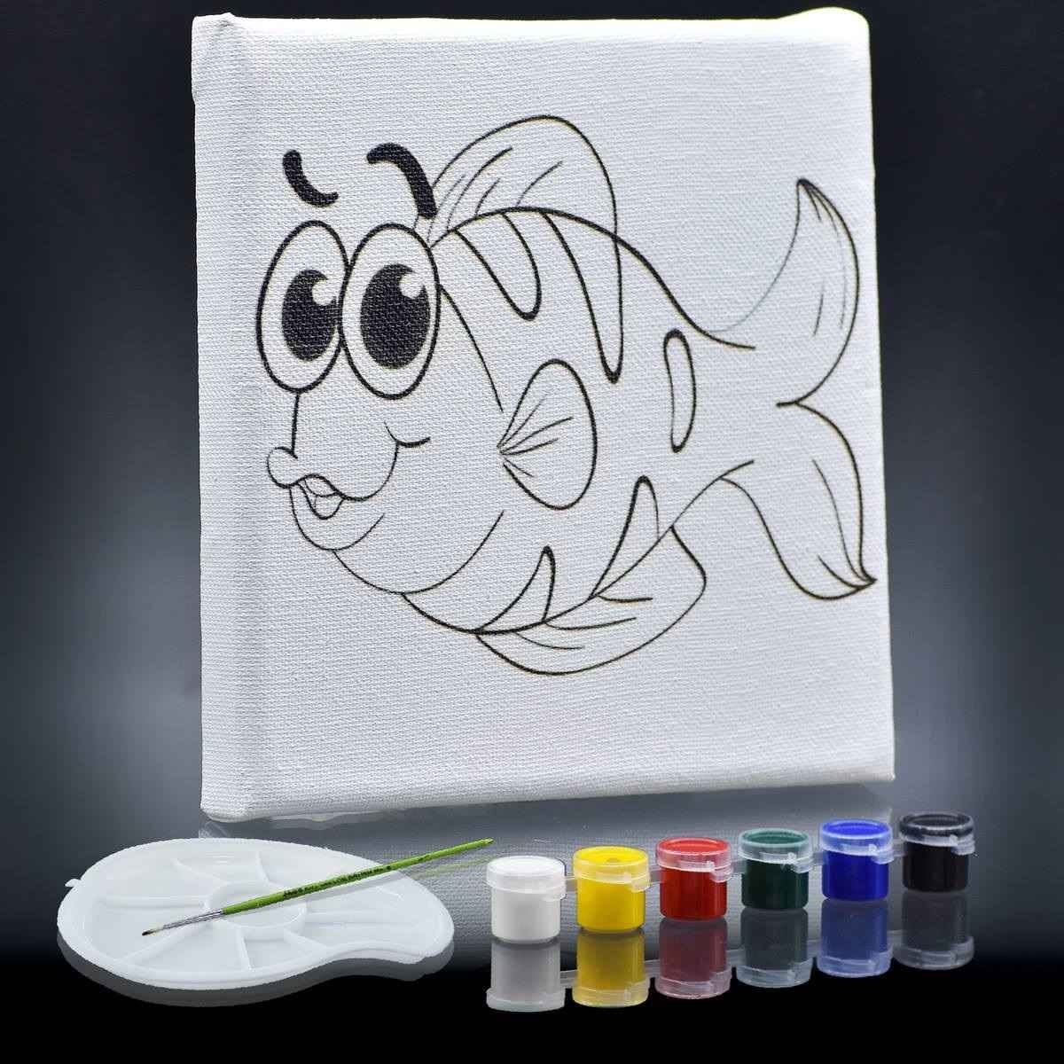 Canvas Stretched Canvas With Print Outline Fish with 6 Tempera paints, 1 Pallet, and 1 Brush, 6x6 Inch SCWP66-5
